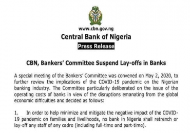 Central Bank Of Nigeria Asks Banks To Halt Plan To Sack Workers